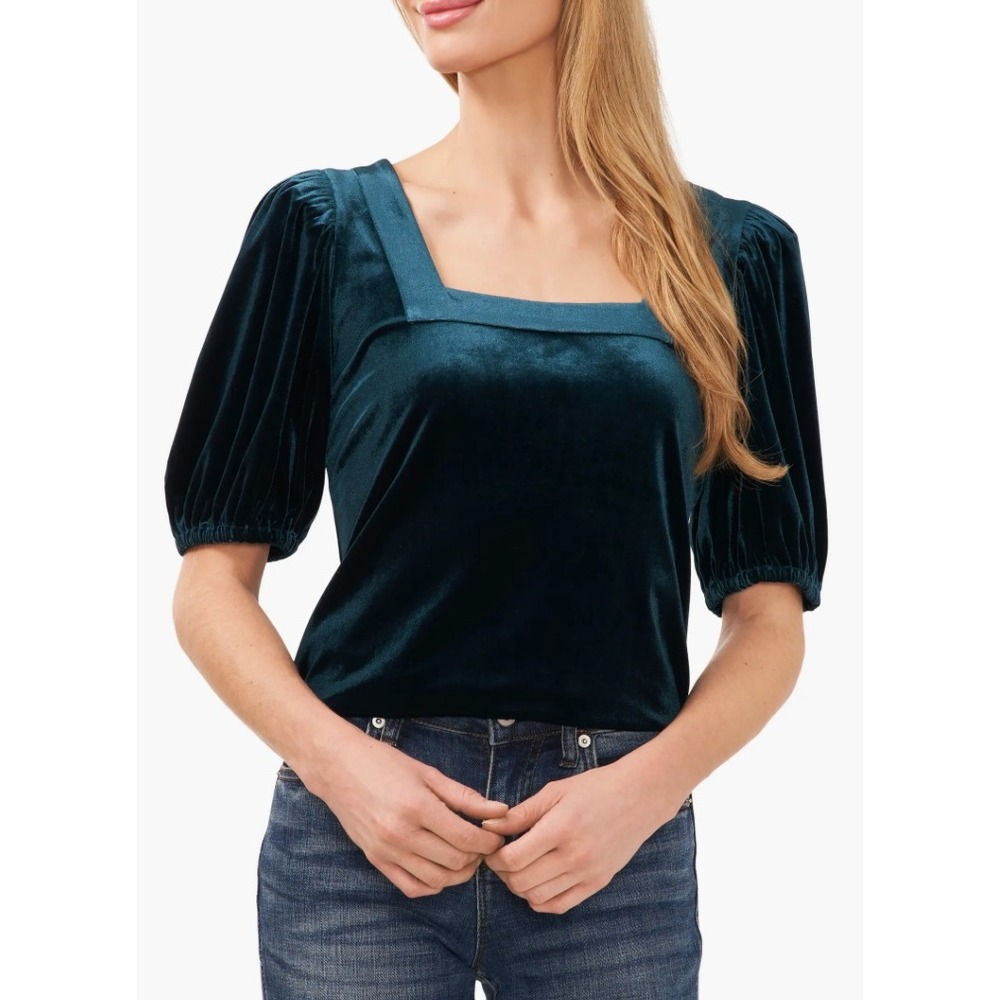 CeCe Teal Velvet Square Neck Puff Sleeve Top Large Whimsigoth Romantic